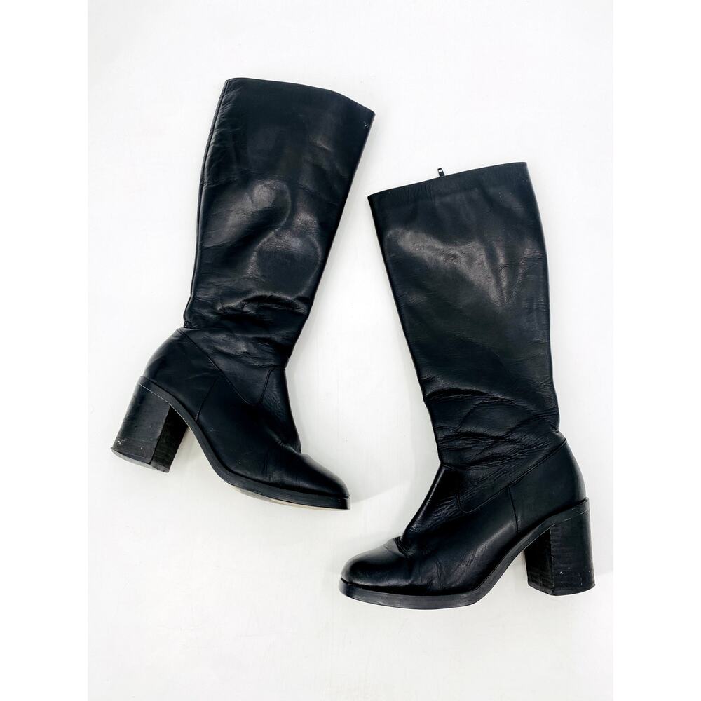 Flings Black‎ Leather Vintage Block Heel Calf boots